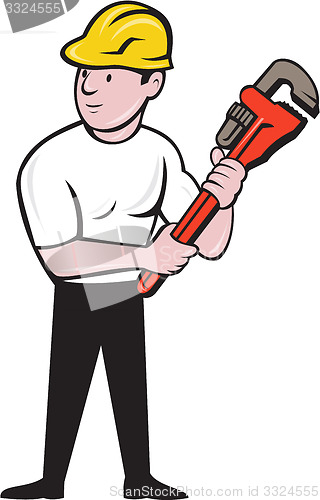 Image of Plumber Holding Monkey Wrench Cartoon