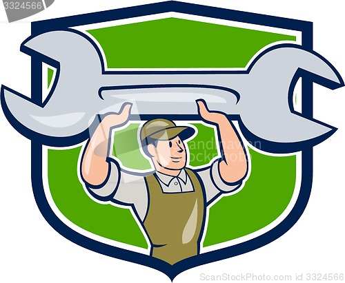 Image of Mechanic Lifting Spanner Wrench Shield Cartoon