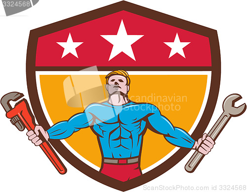 Image of Superhero Handyman Spanner Wrench Shield Cartoon