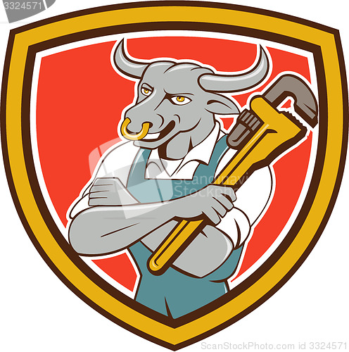Image of Bull Plumber Wrench Standing Shield Cartoon