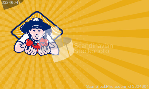 Image of Business card Organic Farmer Boy Handing Tomato Retro