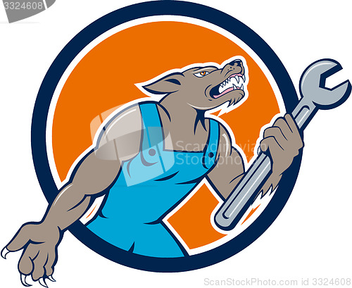 Image of Wolf Mechanic Spanner Circle Cartoon