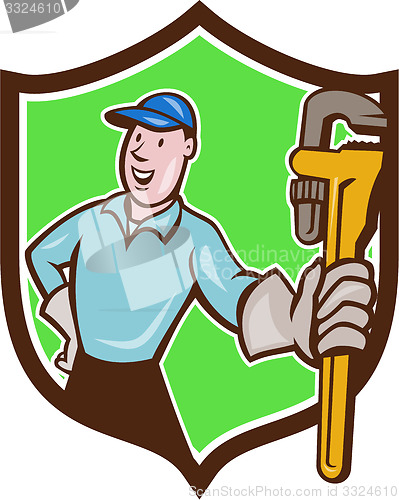 Image of Plumber Presenting Monkey Wrench Shield Cartoon