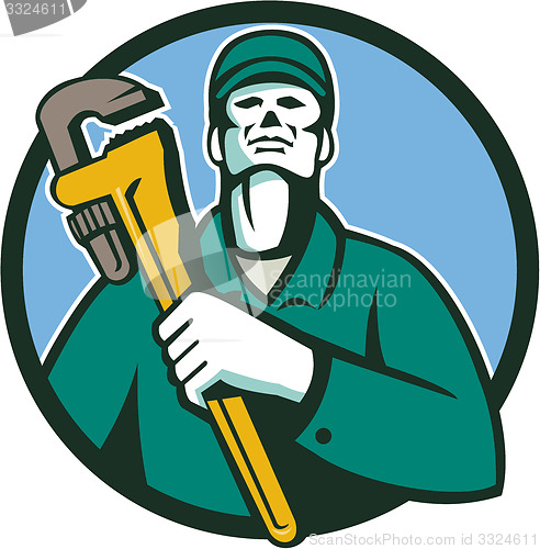 Image of Plumber Holding Wrench Circle Retro