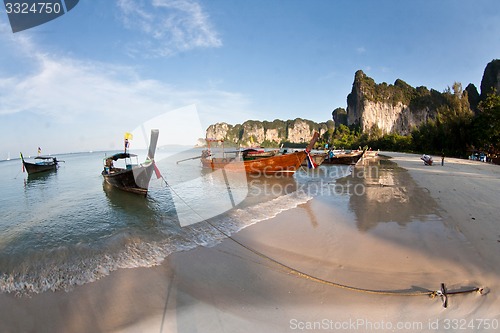 Image of Several Long tail boat  at the beach in Railay Beach Thailand