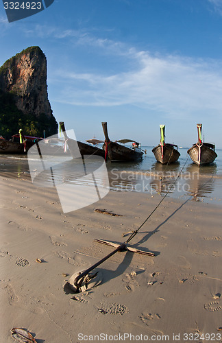 Image of Several Long tail boat  at the beach in Railay Beach Thailand