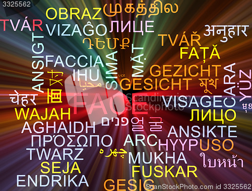Image of Face multilanguage wordcloud background concept glowing