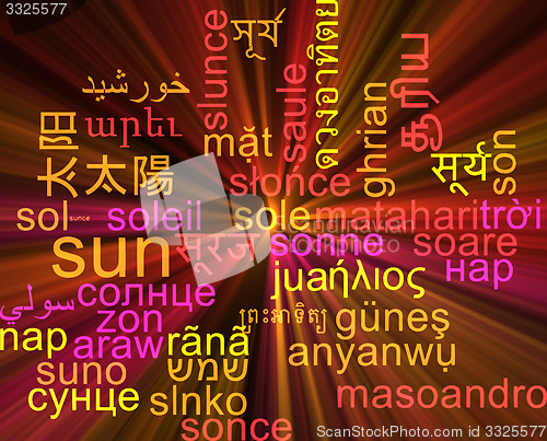 Image of Sun multilanguage wordcloud background concept glowing