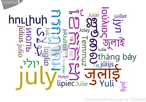 Image of July multilanguage wordcloud background concept