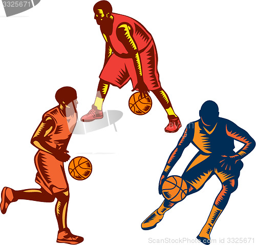 Image of Basketball Player Dribble Woodcut Collection