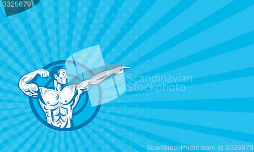 Image of Business card Bodybuilder Flexing Muscles Pointing Side Retro