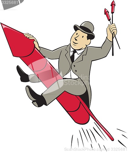 Image of Man Bowler Hat Riding Fireworks Rocket Cartoon