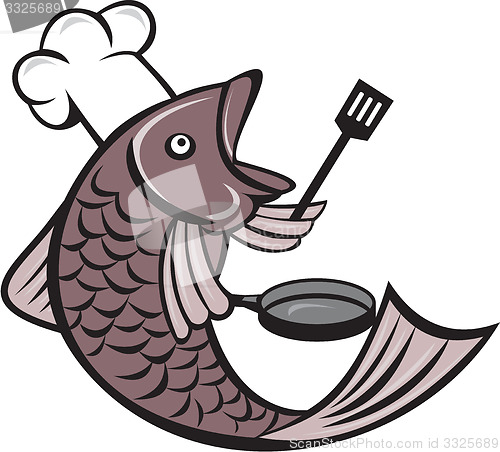 Image of Fish Chef Cook Holding Spatula Frying Pan Cartoon