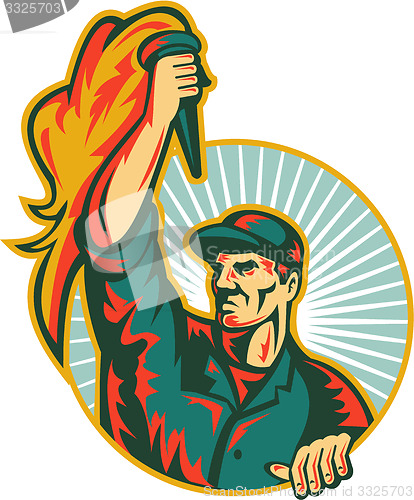 Image of Worker Holding Up Flaming Torch Circle Retro