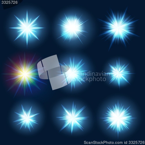 Image of Set various forms of blue burst sparks. EPS 10