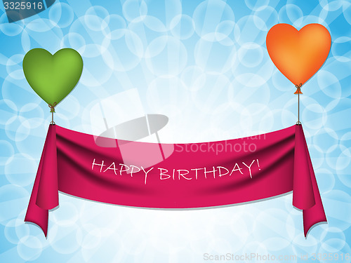 Image of Happy birthday ribbon on heart balloons