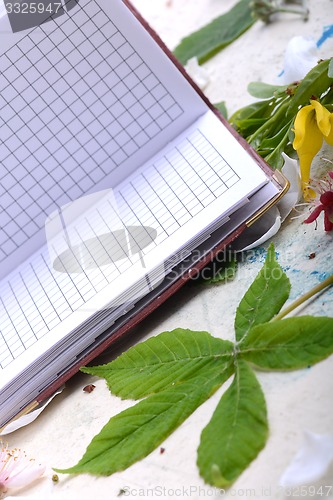 Image of Blank paper notebook on white vintage background with scrapbooking elements