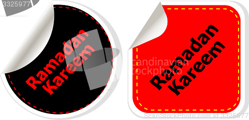 Image of Arabic Islamic calligraphy of text Ramadan Kareem stickers label tag set isolated on white