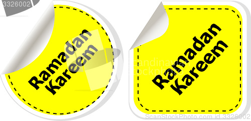 Image of Arabic Islamic calligraphy of text Ramadan Kareem stickers label tag set isolated on white
