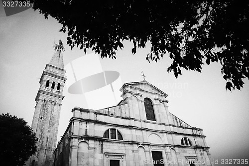 Image of Saint Euphemia church in Rovinj at sunset bw