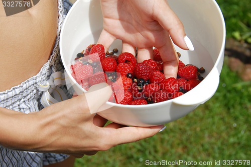 Image of Holding raspberries and black currants in the hand