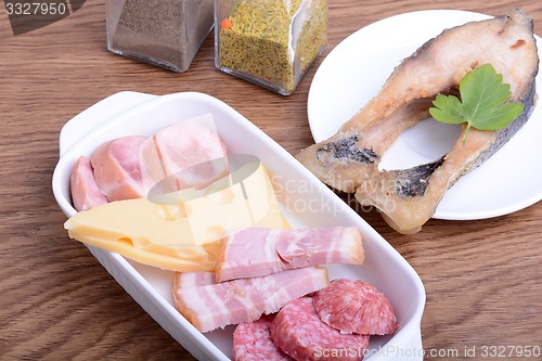 Image of Food high in protein, fish, sausages, cheese