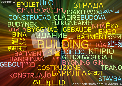 Image of Building multilanguage wordcloud background concept glowing
