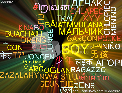 Image of Boy multilanguage wordcloud background concept glowing