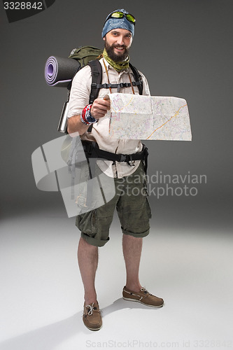 Image of Portrait of a male fully equipped tourist 