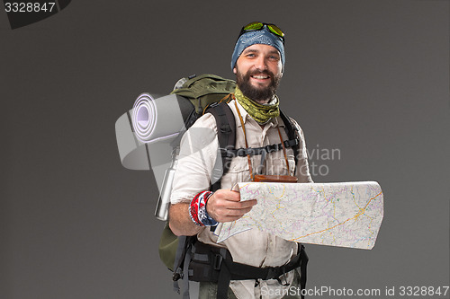 Image of Portrait of a male fully equipped tourist 