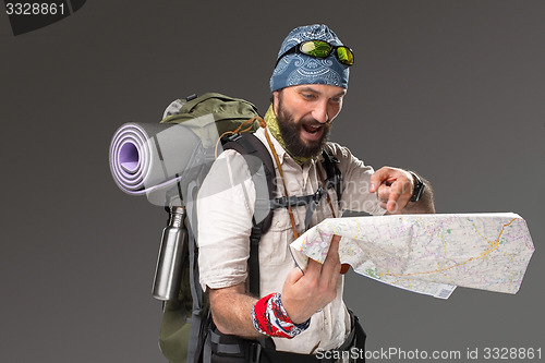 Image of Portrait of a male fully equipped tourist 