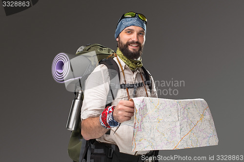 Image of Portrait of a male fully equipped tourist 