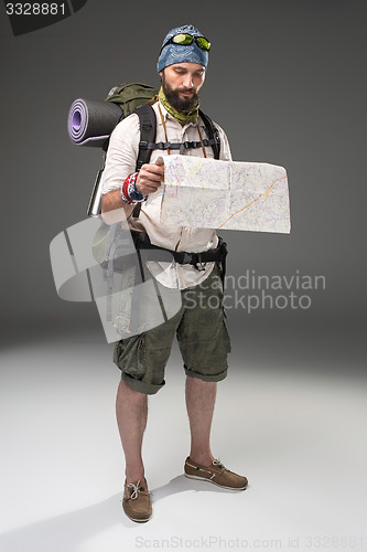 Image of Portrait of a male fully equipped tourist 