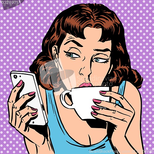 Image of Tuesday girl looks at smartphone drinking tea or coffee