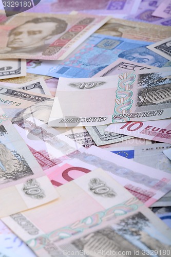 Image of european and american money, hryvnia, rubble and dollars