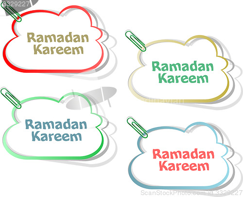 Image of Arabic Islamic calligraphy of text Ramadan Kareem stickers label tag set