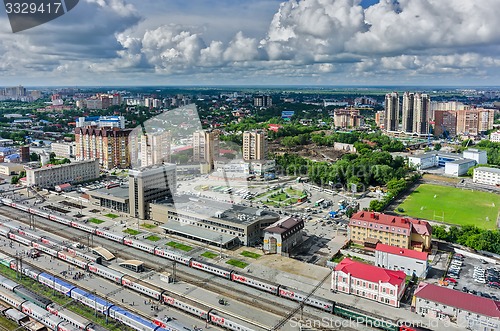 Image of Aerial view onto railway station in Tyumen. Russia