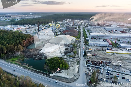 Image of Aerial view on factories at dusk. Tyumen. Russia