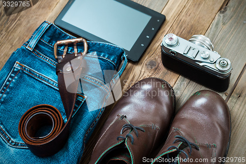 Image of Set for the traveler with a digitizer, rangefinder camera, blue 