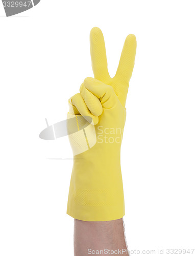 Image of Hand in rubber gloves gesturing, close up