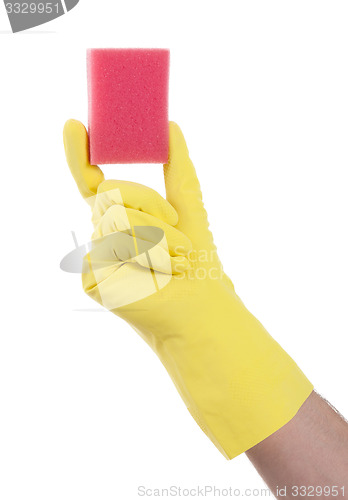 Image of Mans hand in rubber glove with sponge isolated