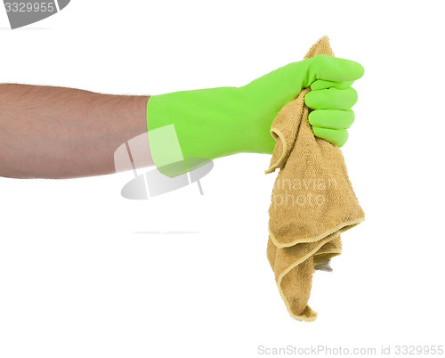 Image of Hand wearing rubber glove and hold rag(mop)