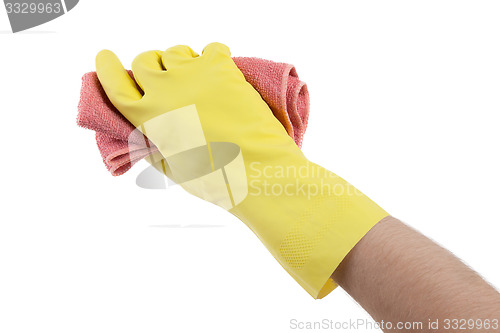 Image of Hand wearing rubber glove and hold rag(mop)