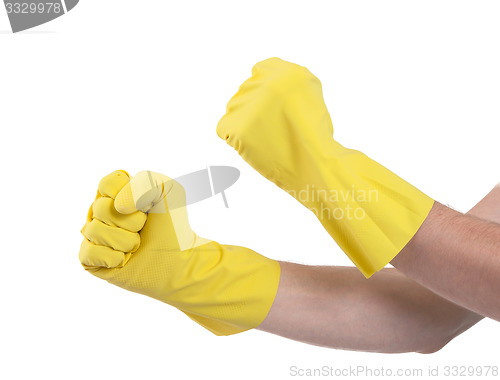 Image of Hands in a rubber gloves gesturing fist