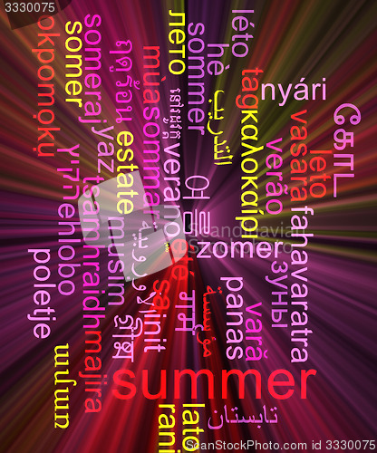 Image of Summer multilanguage wordcloud background concept glowing