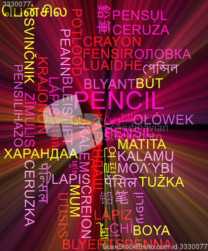 Image of Pencil multilanguage wordcloud background concept glowing