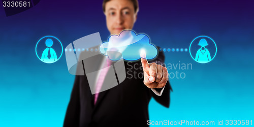 Image of Smiling Businessman Contacting Workers Via Cloud