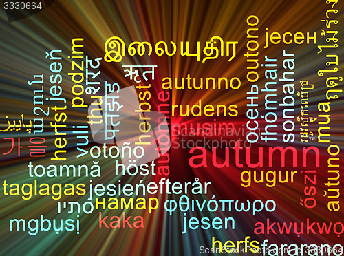 Image of Autumn multilanguage wordcloud background concept glowing