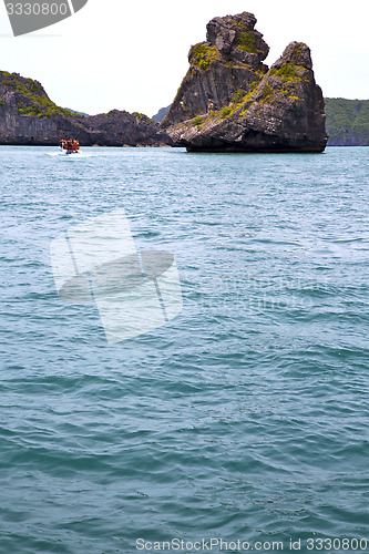 Image of prayer monkey rock in thailand kho phangan  bay abstract boat