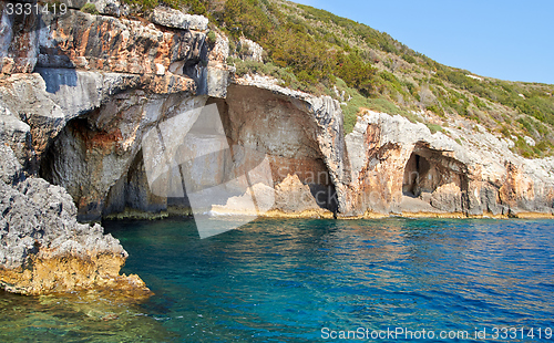 Image of Blue caves at bright sunny day Zakinthos Greece